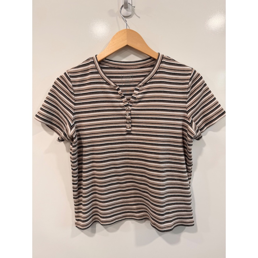 Hasting & Smith Petite Striped Henley Top Tan Black White Ribbed Knit PM